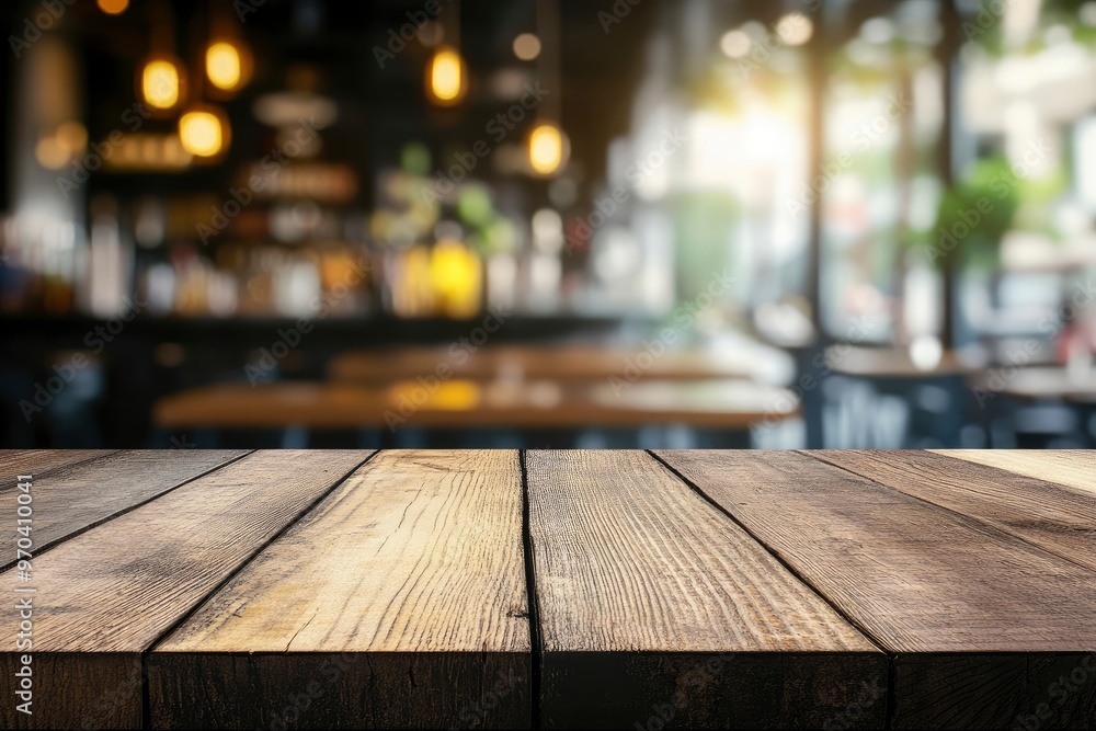 Empty wooden table with blurred restaurant background , ai Empty wooden table with blurred restaurant background , ai