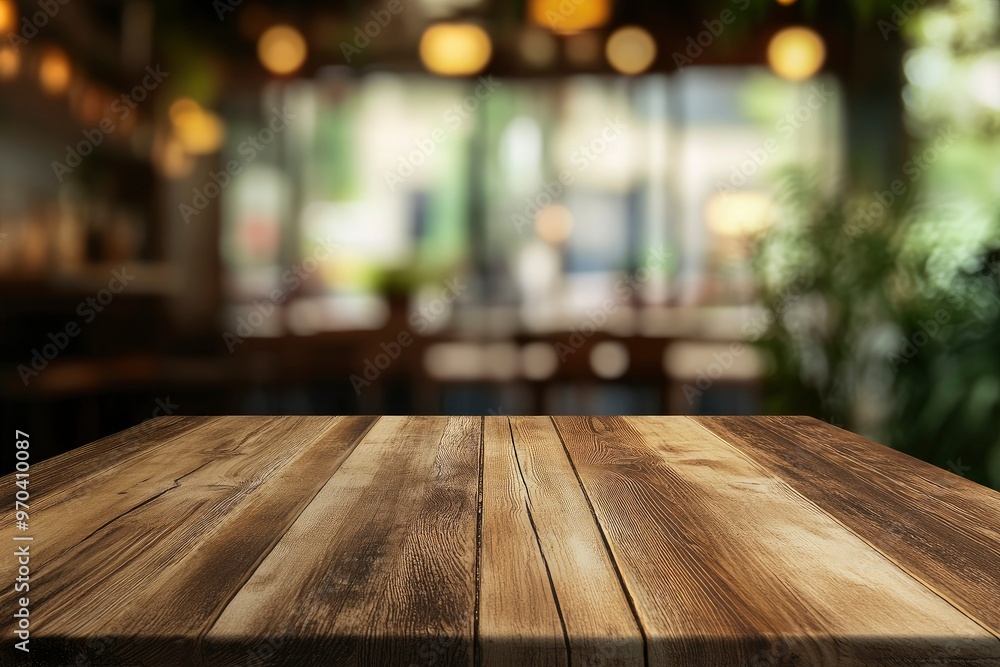 Empty wooden table with blurred restaurant background , ai Empty wooden table with blurred restaurant background , ai