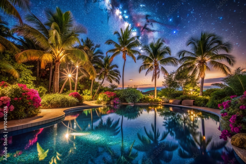 Fototapeta premium Serene and glamorous, a tranquil pool glows under starry night sky, surrounded by lush palm trees and exotic flowers, at a luxurious tropical resort oasis.