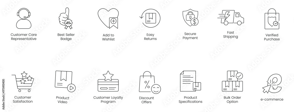 Customer Care Representative, Best Seller Badge, Add to Wishlist, Easy Returns, Secure Payment, Fast Shipping, Verified Purchase, Customer Satisfaction, Product Video vector icon set Customer Care Representative, Best Seller Badge, Add to Wishlist, Easy Returns, Secure Payment, Fast Shipping, Verified Purchase, Customer Satisfaction, Product Video vector icon set