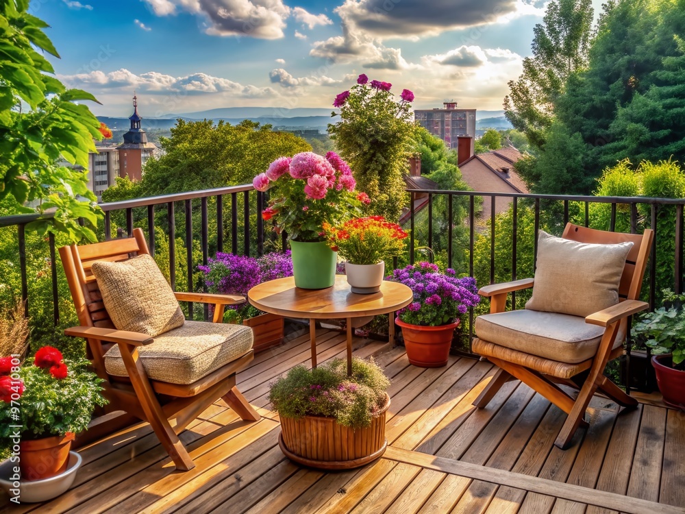 Fototapeta premium Serene outdoor balcony oasis featuring plush chairs, rustic wooden table, and vibrant potted flowers, creating a cozy retreat amidst lush greenery and urban scenery.