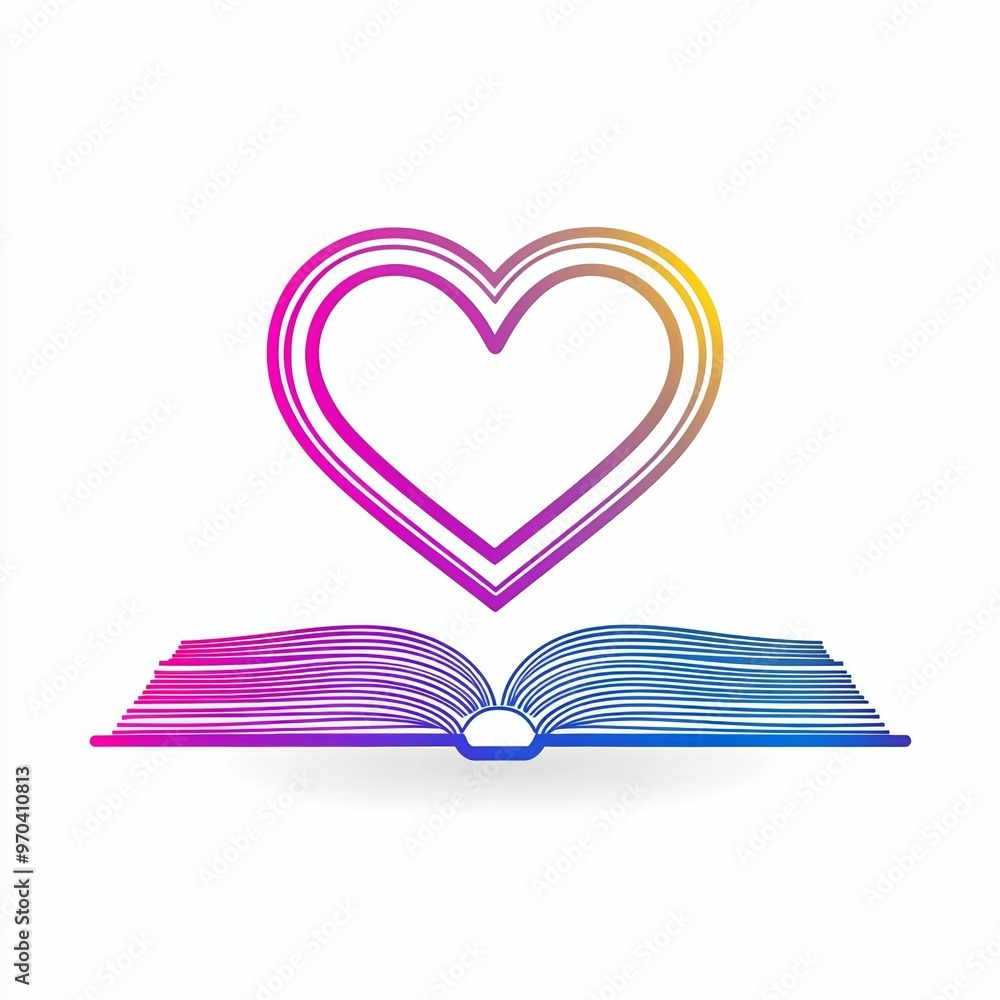 A vibrant heart floats above an open book, illustrating the passion for learning and the joy of reading as colorful lines create a striking design A vibrant heart floats above an open book, illustrating the passion for learning and the joy of reading as colorful lines create a striking design