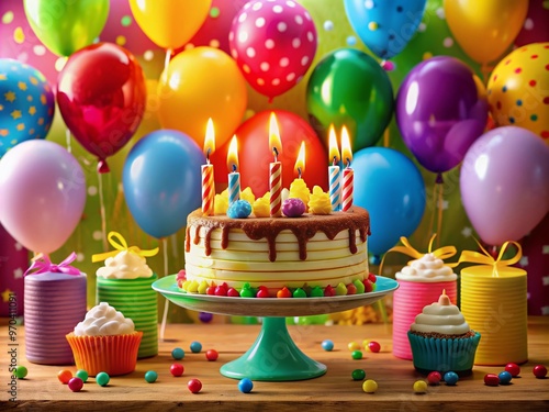 Vibrant balloons in assorted colours and shapes fill the background, surrounding a deliciously decorated birthday cake adorned with lit candles, creating a festive celebratory atmosphere.