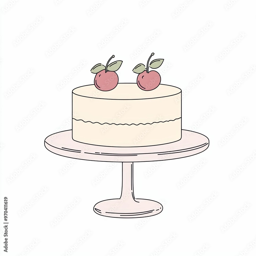 A charming cake topped with two cherries sits beautifully on a pink cake stand, adding a sweet touch to any gathering or celebration A charming cake topped with two cherries sits beautifully on a pink cake stand, adding a sweet touch to any gathering or celebration