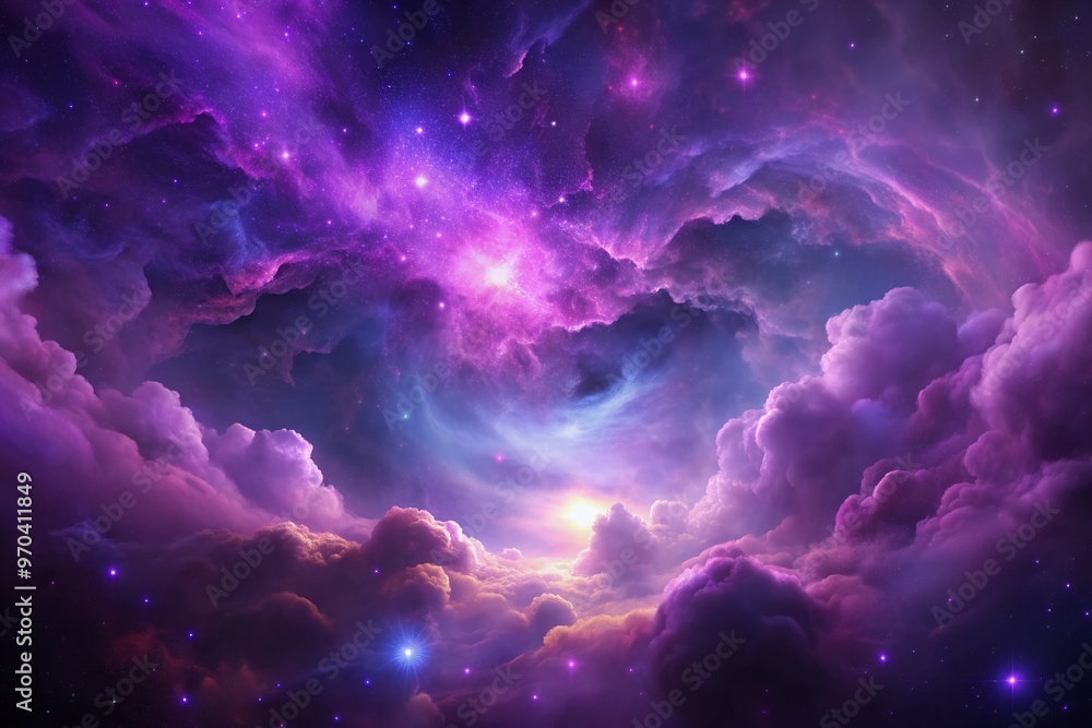 Vibrant glowing purple nebula background with swirling clouds of gas and dust, perfect for sci-fi or futuristic designs and digital art projects. Vibrant glowing purple nebula background with swirling clouds of gas and dust, perfect for sci-fi or futuristic designs and digital art projects.