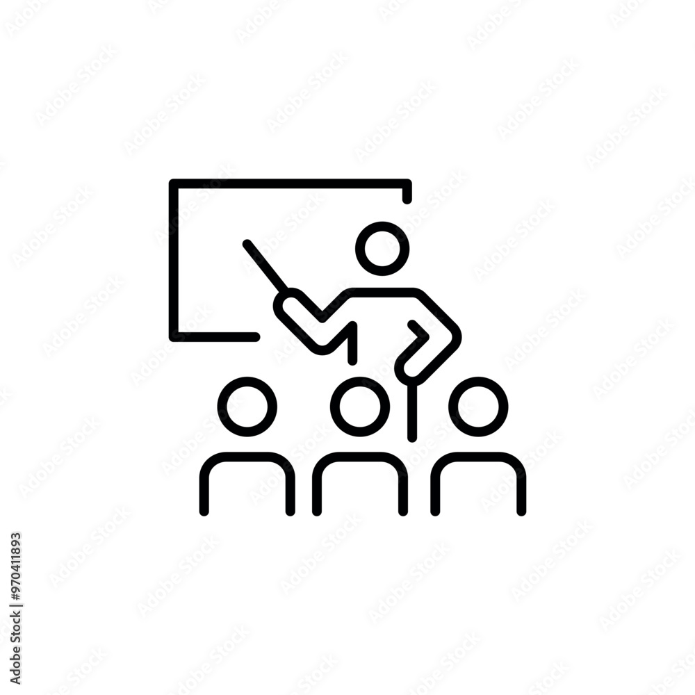 Lecture icon. A simplified representation of a speaker giving a presentation to a group of listeners, symbolizing education, seminars, and public speaking engagements. Vector illustration Lecture icon. A simplified representation of a speaker giving a presentation to a group of listeners, symbolizing education, seminars, and public speaking engagements. Vector illustration
