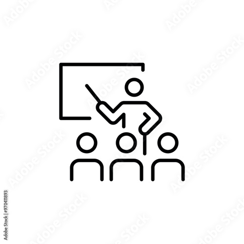 Lecture icon. A simplified representation of a speaker giving a presentation to a group of listeners, symbolizing education, seminars, and public speaking engagements. Vector illustration