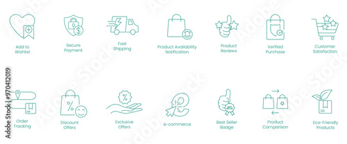 Add to Wishlist, Secure Payment, Fast Shipping, Product Availability Notification, Product Reviews, Verified Purchase, Customer Satisfaction, Order Tracking, Discount Offers vector icon set