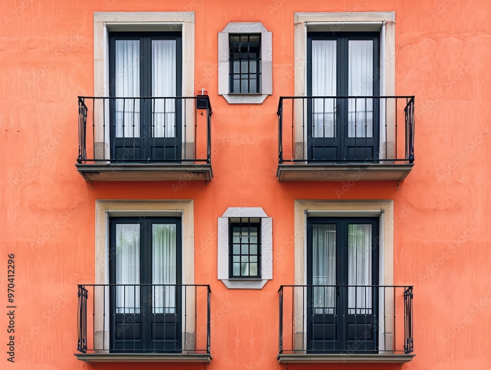 Obraz premium A vibrant orange wall featuring four balconies with black railings and large windows, showcasing architectural design.
