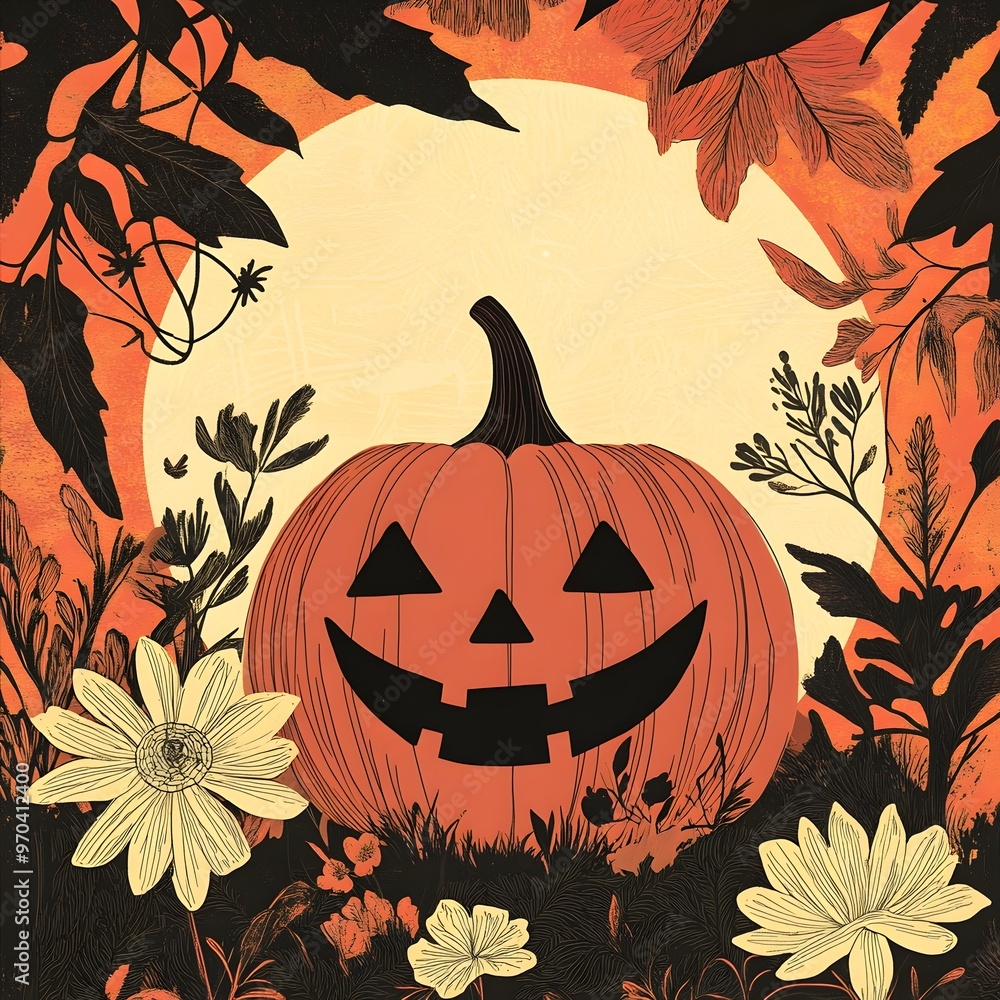 Minimalist Halloween Pumpkin Silhouette with Floral Patterns and Enchanting Autumn Backdrop Minimalist Halloween Pumpkin Silhouette with Floral Patterns and Enchanting Autumn Backdrop