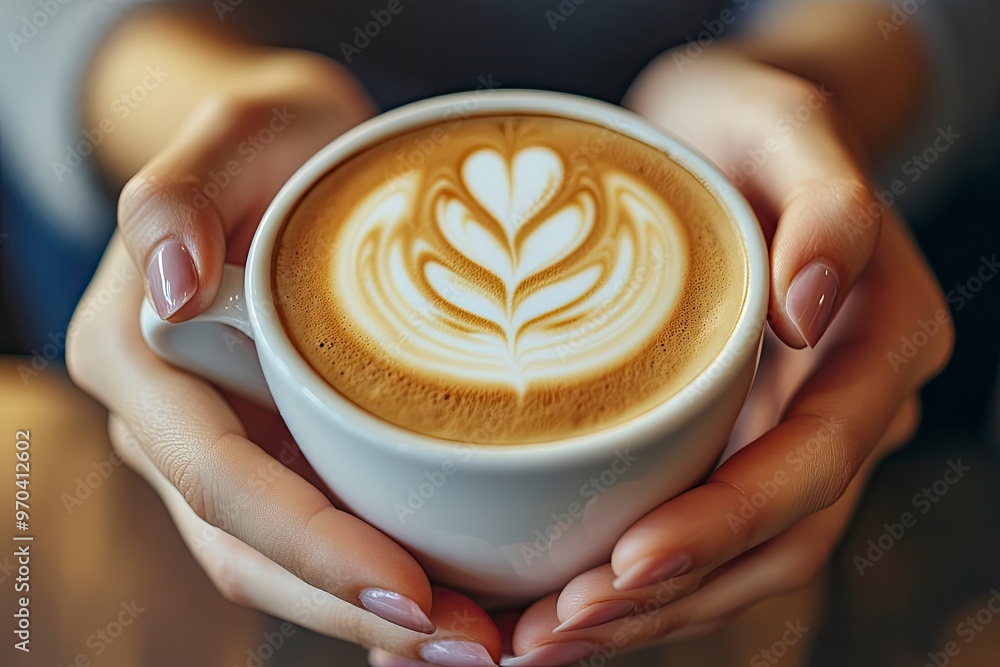 Coffee cup, hands and woman with latte art, caffeine and restaurant for cappuccino. Customer, hospitality and milk with foam for female person, morning and barista for breakfast in store or cafe, ai Coffee cup, hands and woman with latte art, caffeine and restaurant for cappuccino. Customer, hospitality and milk with foam for female person, morning and barista for breakfast in store or cafe, ai