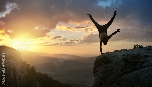 Wallpaper Mural A fearless, brave and crazy person doing a handstand on the peak of the cliff and his successful moves Torontodigital.ca