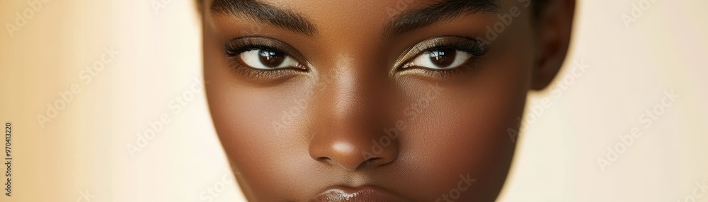 Close-up portrait of a woman with dark skin and brown eyes. Close-up portrait of a woman with dark skin and brown eyes.