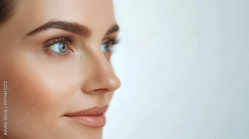 Close-up portrait of a woman's face, showcasing her blue eyes and defined brow. The photo is shot from a profile perspective.