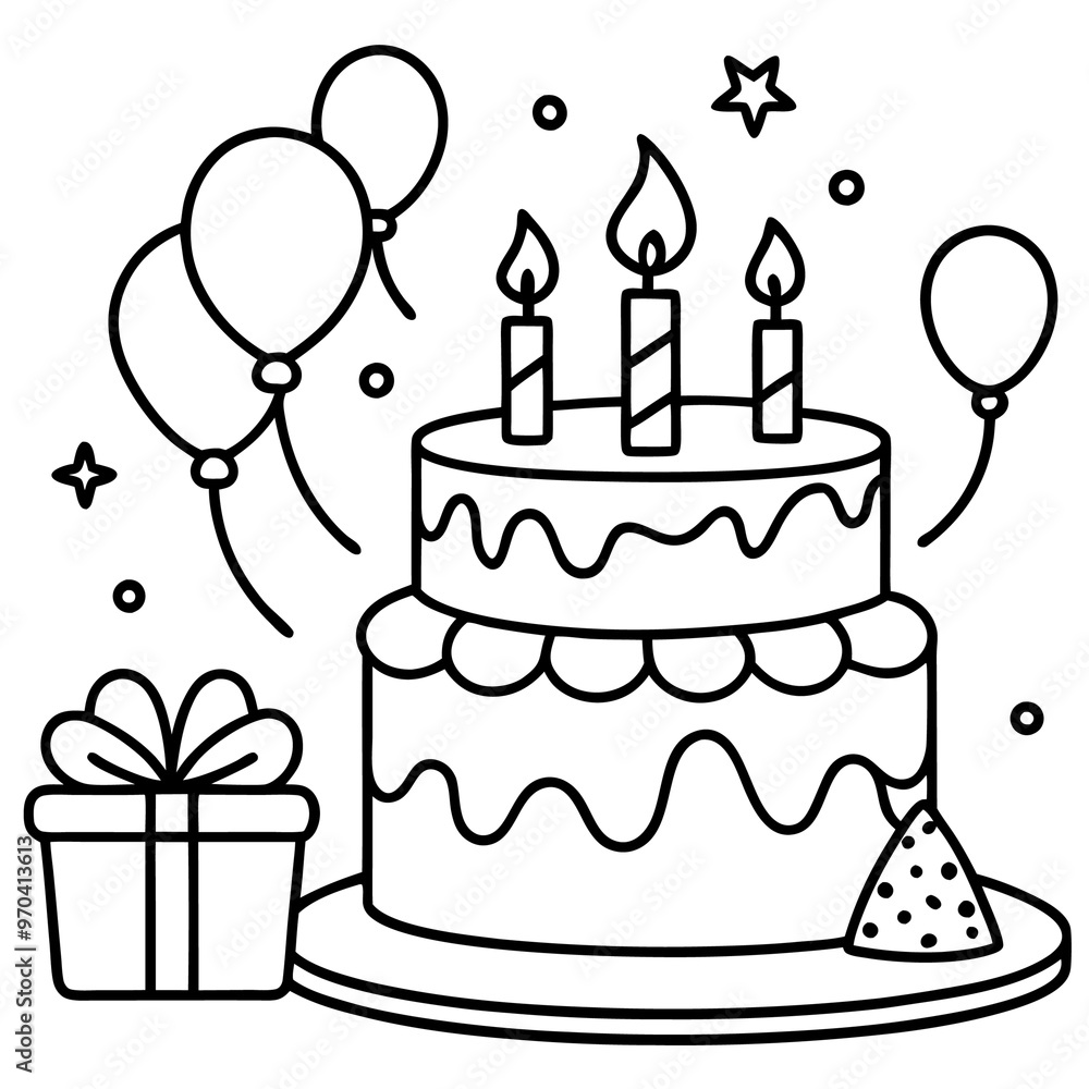 birthday cake items outline coloring book page line art drawing