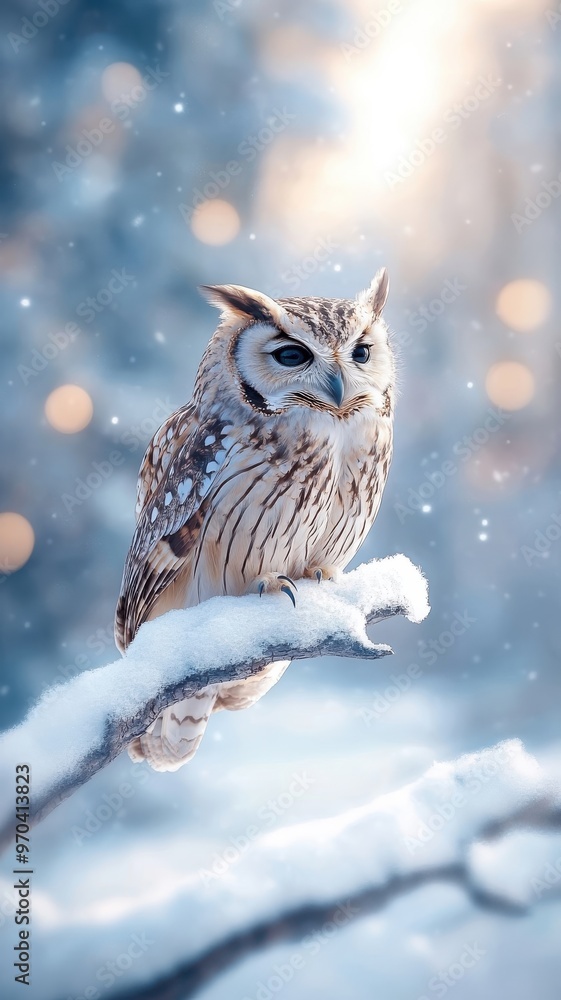 Enchanting owl on a snow-covered branch, with the Northern Lights casting a magical, colorful glow that highlights its wise gaze. Enchanting owl on a snow-covered branch, with the Northern Lights casting a magical, colorful glow that highlights its wise gaze.