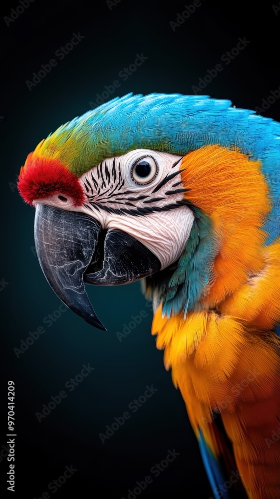 Fototapeta premium Professionally lit studio shot of a parrot, with soft lighting highlighting its detailed feathers and vibrant colors against a minimalistic backdrop.