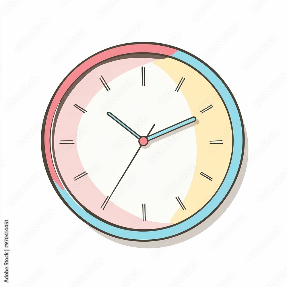 A stylish clock features pastel colors in pink, blue, and yellow, with minimal markings, creating a fresh and contemporary vibe in the room A stylish clock features pastel colors in pink, blue, and yellow, with minimal markings, creating a fresh and contemporary vibe in the room