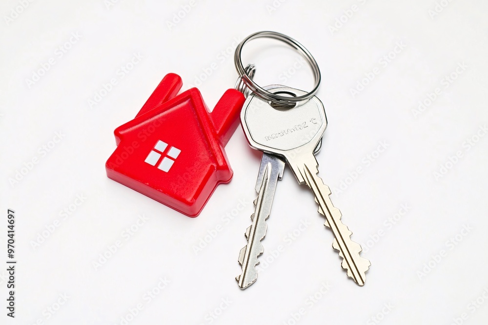 A vibrant red house keychain paired with two keys, symbolizing homeownership and security in a minimalist design. A vibrant red house keychain paired with two keys, symbolizing homeownership and security in a minimalist design.