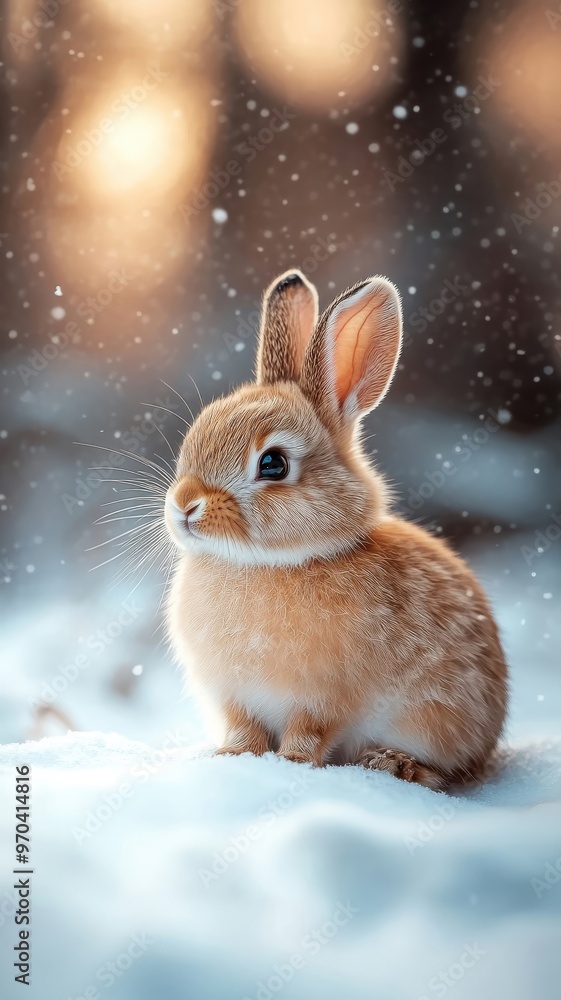 Charming rabbit resting amidst a snowy landscape, with the Northern Lights casting a vibrant, colorful glow that highlights its soft fur. Charming rabbit resting amidst a snowy landscape, with the Northern Lights casting a vibrant, colorful glow that highlights its soft fur.