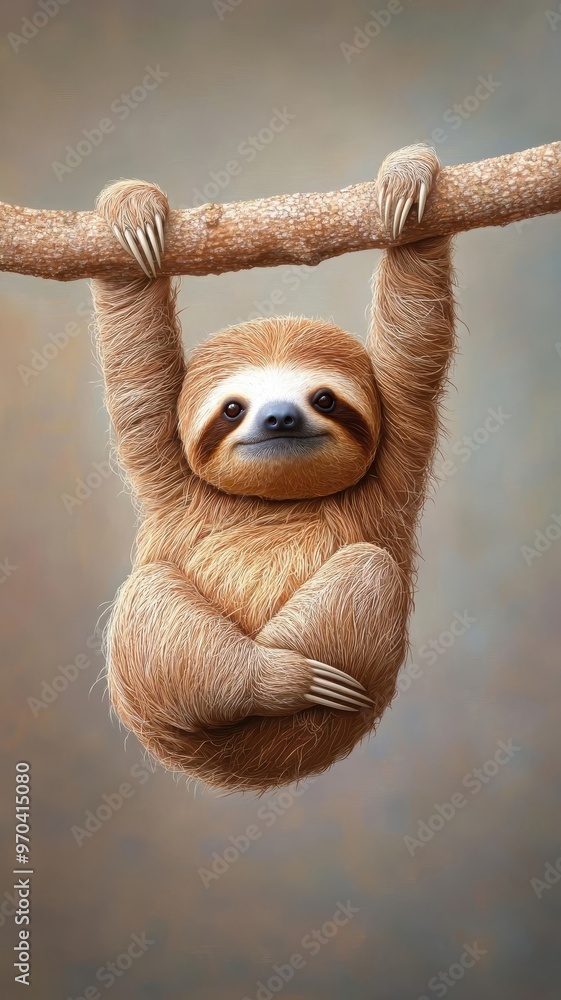 Sloth hanging from branch in studio, fur meticulously lit, neutral background emphasizing its relaxed nature. Sloth hanging from branch in studio, fur meticulously lit, neutral background emphasizing its relaxed nature.