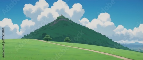 beauty landscape, quiet hill with sky and cloud, anime style background