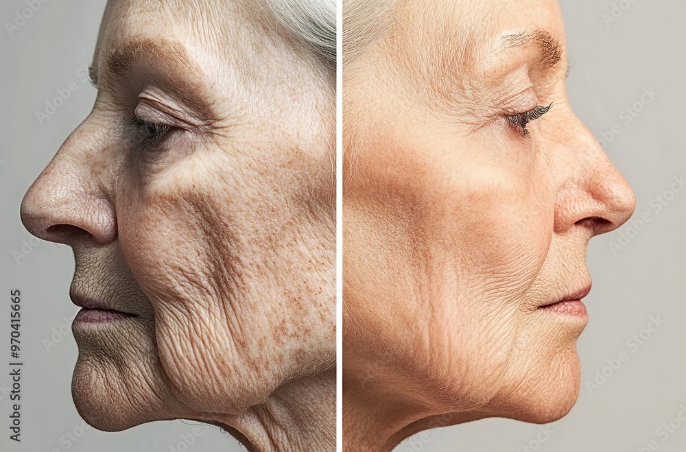 Fototapeta premiumA woman before and after using the facial treatment, showing her wrinkles fading out and her skin looking more radiant and smooth