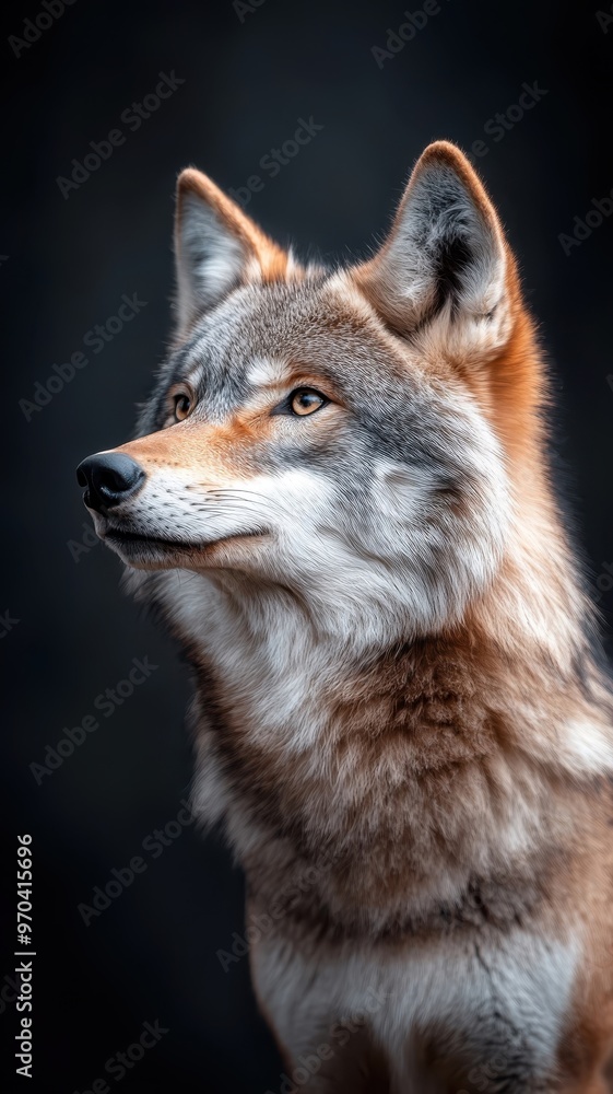 Professionally lit studio featuring a wolf, with soft lighting accentuating its sleek fur and intense gaze against a minimalistic backdrop. Professionally lit studio featuring a wolf, with soft lighting accentuating its sleek fur and intense gaze against a minimalistic backdrop.