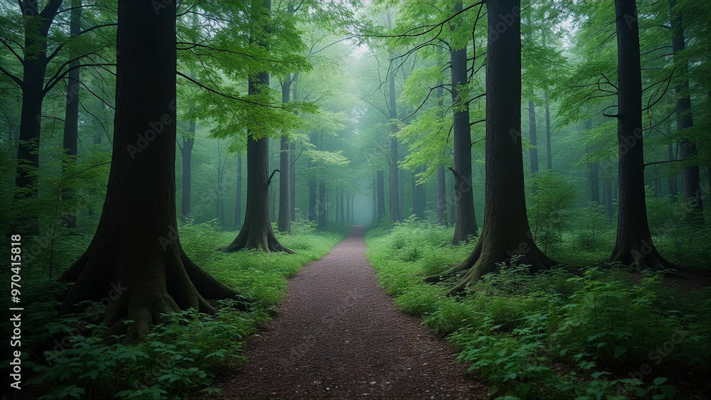 Fototapeta premium A forest path with trees on either side
