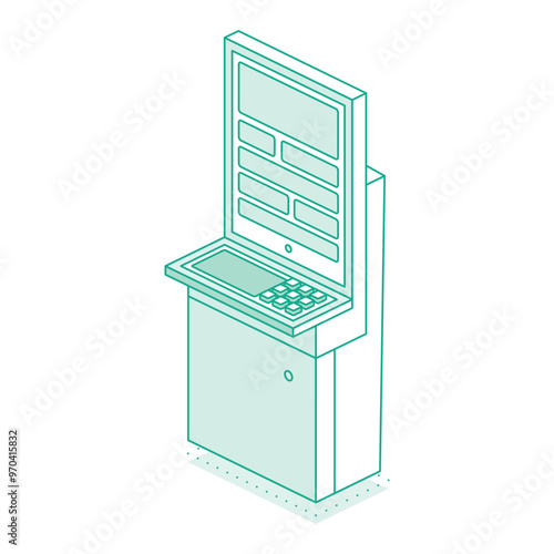 Isometric interactive kiosk. Self service terminal in bank or on train station isolated on white background. Providing information.