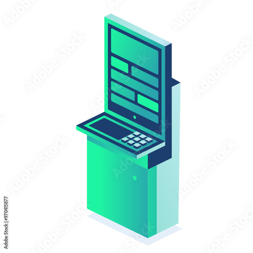 Isometric interactive kiosk. Self service terminal in bank or on train station isolated on white background. Providing information.