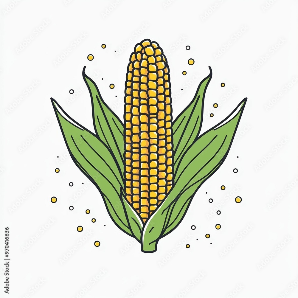 Obraz premium A vibrant ear of corn stands tall with its green leaves framing it, set against a minimalist white background, highlighting its fresh and delicious nature