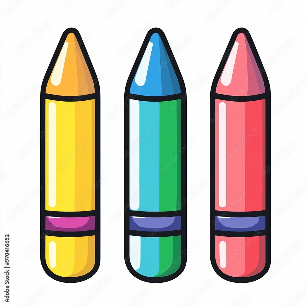 A vibrant arrangement of yellow, green, and pink crayons stands out against a clean white background, perfect for stimulating creativity and artistic expression A vibrant arrangement of yellow, green, and pink crayons stands out against a clean white background, perfect for stimulating creativity and artistic expression