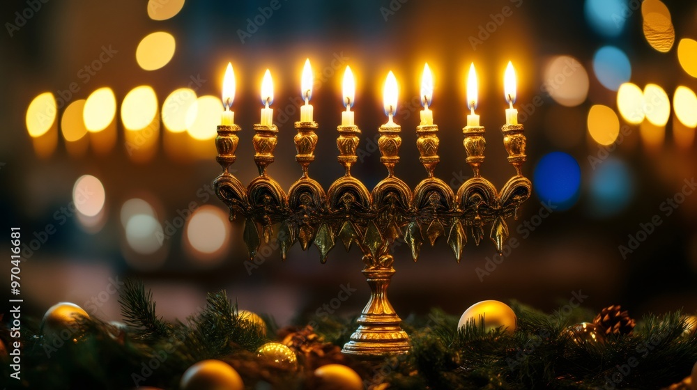 A menorah with lit candles stands on a table with evergreen branches and ornaments. A menorah with lit candles stands on a table with evergreen branches and ornaments.