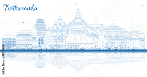 Outline Kathmandu Nepal City Skyline with Blue Buildings and reflections. Kathmandu Cityscape with Landmarks. Business Travel and Tourism Concept with Historic Architecture.
