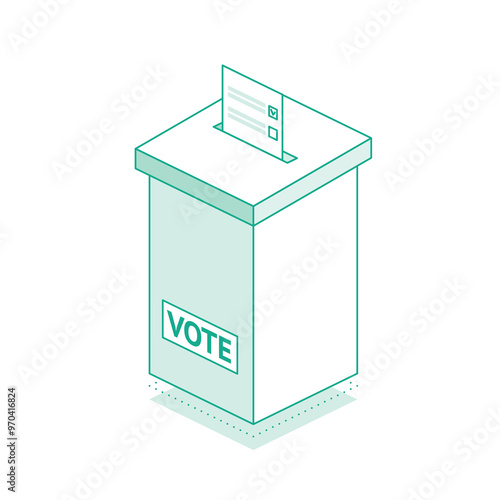 Isometric ballot box at a polling station. Outline object isolated on white background. Inserted ballot with check mark in hole.