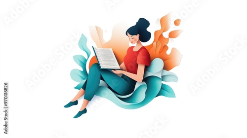 Flat vector design of a paper woman reading, depicting online learning and digital library themes, no logo or people, isolated on white.