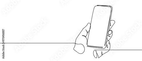 hand holding phone  line art style vector with transparent background.