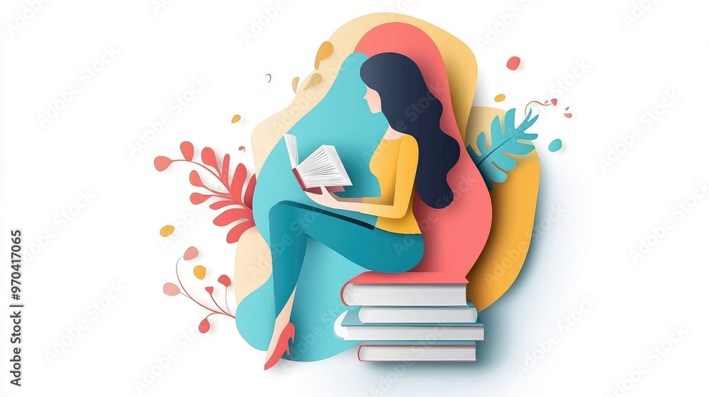 Flat vector illustration of a paper woman figure reading, online library and digital education concept, no people or logos, white background. Flat vector illustration of a paper woman figure reading, online library and digital education concept, no people or logos, white background.