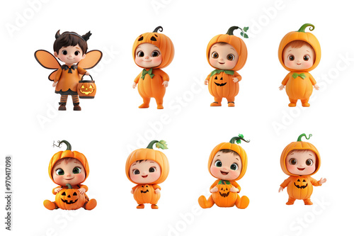 Collection of Little kid dressed Fairy costume holding Jack o lantern bucket, 3D, cartoon front view isolate on transparency background