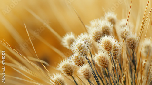 A close-up of a flowering Australian spinifex grass, with its distinctive seed heads and spiky appearance, set against a dry, sandy backdrop  photo