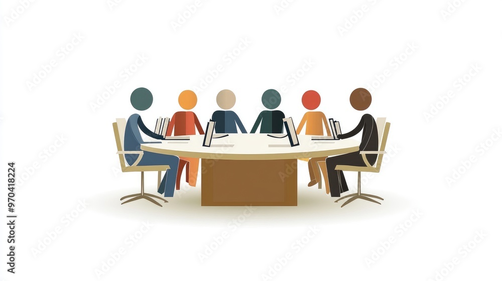Illustration of paper people engaged in a business meeting, representing online learning and library resources, flat vector style, white background. Illustration of paper people engaged in a business meeting, representing online learning and library resources, flat vector style, white background.