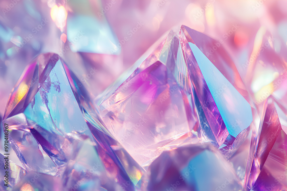 A close-up view of colorful, sparkling crystals reflecting light. A close-up view of colorful, sparkling crystals reflecting light.