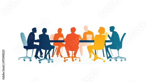 Illustration of paper people engaged in a business meeting, representing online learning and library resources, flat vector style, white background.