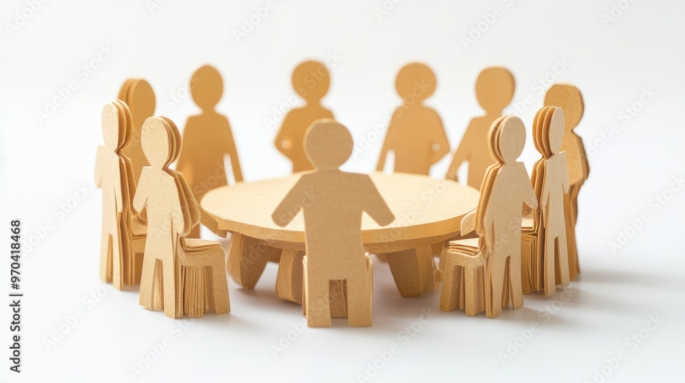 Illustration of paper people figures discussing around a table, online library concept for education, no logo, white background, isolated. Illustration of paper people figures discussing around a table, online library concept for education, no logo, white background, isolated.