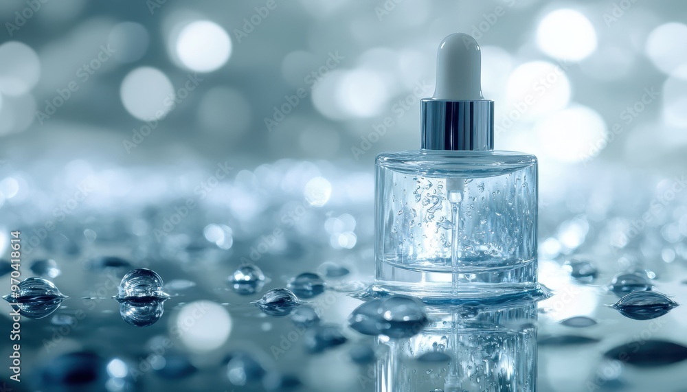 A glass bottle with a dropper, filled with clear liquid, sits on a shimmering blue surface A glass bottle with a dropper, filled with clear liquid, sits on a shimmering blue surface