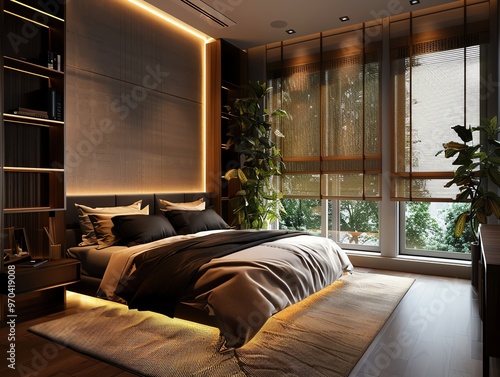 Bedroom with smart window blinds, serene lighting, and elegant decor