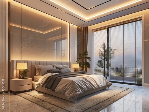 Bedroom with smart window blinds, serene lighting, and elegant decor