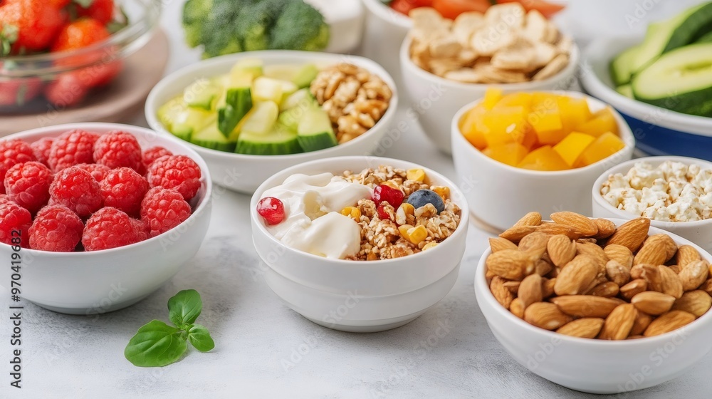 Bowls of different healthy snacks and ingredients. Bowls of different healthy snacks and ingredients.