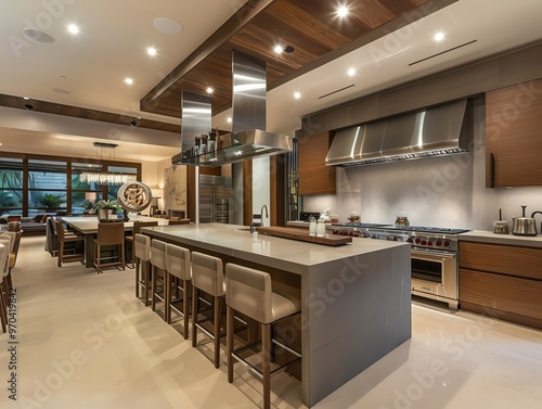 Kitchen island with integrated smart stove, bar seating, and modern decor